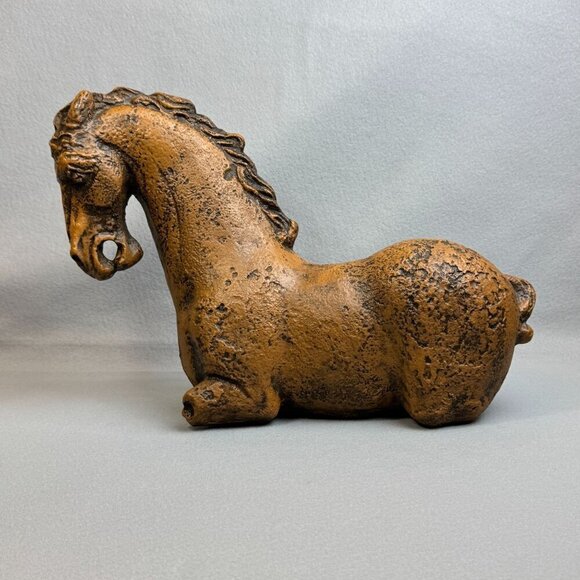 Vintage Rustic Brown Bitossi-Style Sitting Horse Statue Heavy Decor Piece 18" L - Picture 5 of 14